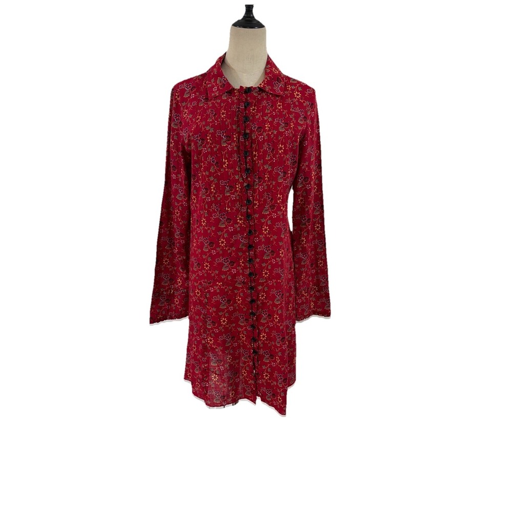 Vtg 90s Free People Midi Dress Red Floral Button Front Ruffle Sz 12 Boho Cottage